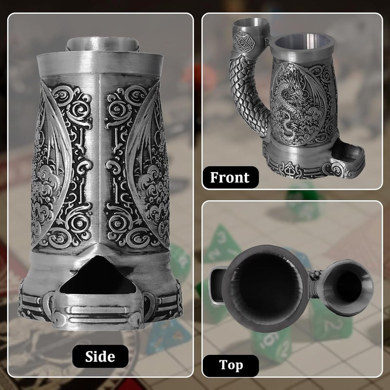 Luazuri Store كوب برج النرد، برج رمي النرد، يأتي مع مجموعة نرد مكونة من 7 قطع، مناسب لألعاب DND والزنزانات والتنانين، ألعاب الطاولة، متاح كحامل مشروبات، هدايا D&D، ملحقات DND (فضي-تنين) - Image 4